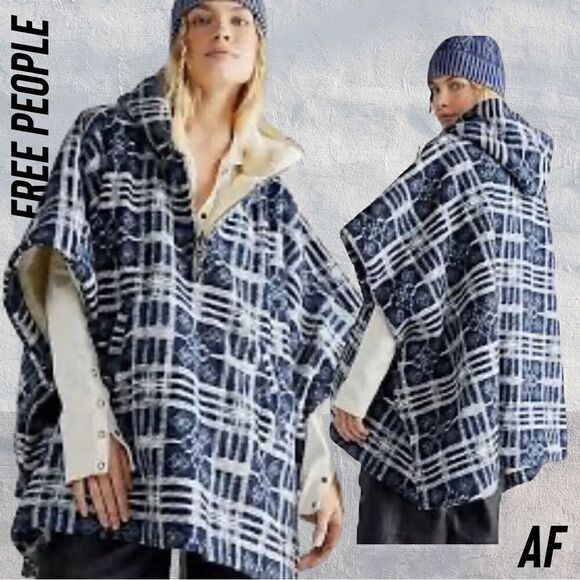 FREE PEOPLE MISS YOU PONCHO BLUE WHITE NEW XS/S HOODED - Picture 1 of 10